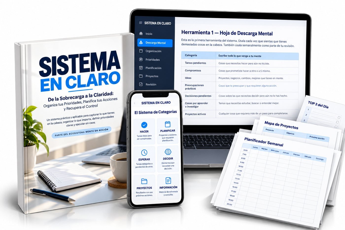 Ebook Sistema en Claro con las herramientas Descarga Mental, TOP 3 del Día, Mapa de Proyectos y Planificador Semanal